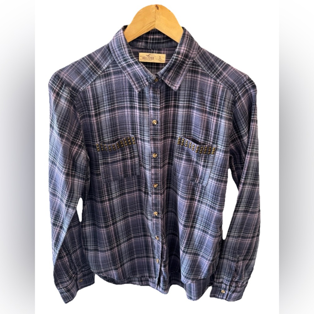 Hollister Purple Plaid Studded Flannel Casual Button-Down Shirt S Long Sleeve